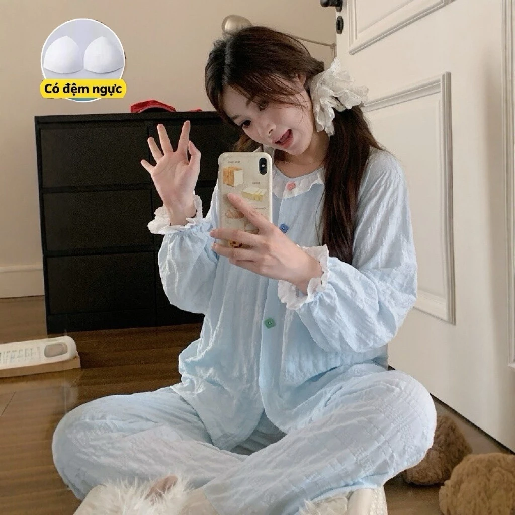 【Cotton có đệm ngực】Bộ đồ ngủ Hàn Quốc mới nhất màu trơn thu đông dành cho học sinh thiếu nữ ngọt ngào đáng yêu tay dài quần dài, đồ mặc nhà.