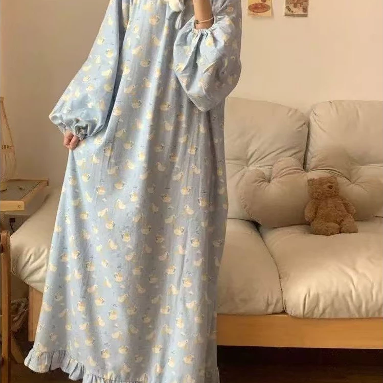Phong Cách Hàn Quốc Thỏ Xanh Váy Ngủ Nữ Xuân Thu Phong Cách Mới Phong Cách Dễ Thương Rời Dài Bộ Đồ Ngủ Có Thể Mặc Bên Ngoài Nhà Quần Áo