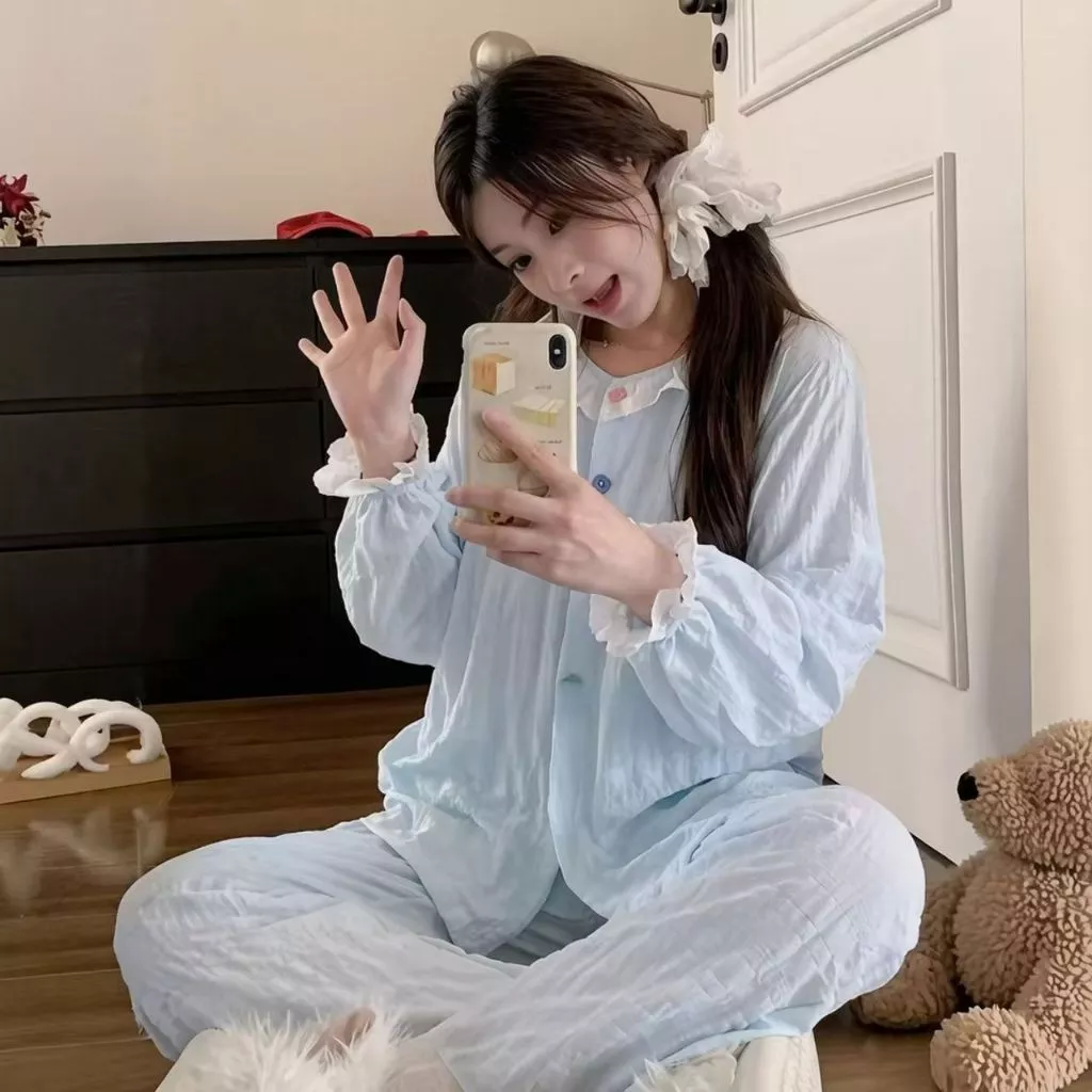 Phong Cách Hàn Quốc ins Phong Cách Mây Xanh Bộ Đồ Ngủ Cotton Nữ Xuân Thu Ren Ngọt Ngào Quần Dài Tay Homewear