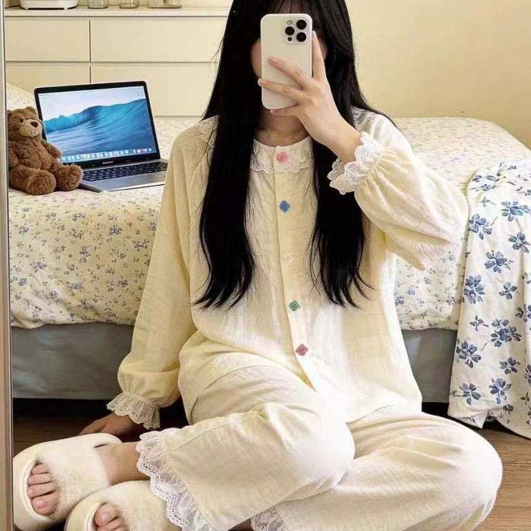 Bộ Đồ Ngủ Phong Cách Công Chúa Ngọt Ngào Nữ Mùa Hè Mây Cotton Có Miếng Lót Ngực Tay Ngắn Phù Hợp Với Phong Cách Mỏng Dịch Vụ Gia Đình Mùa Nữ