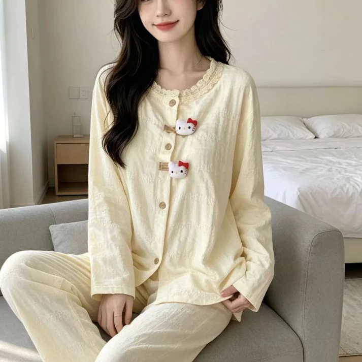 Pháp Nhẹ Nhàng Ngọt Ngào Bộ Đồ Ngủ Nữ Xuân Thu Mây Cotton Có Miếng Lót Ngực Dài Tay Cổ Ca Rô Loungewear Phù Hợp Với