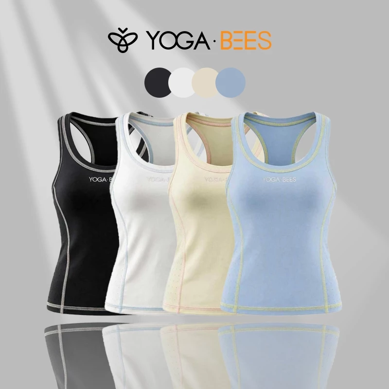 YOGA BEES Racerback Xe Tăng Thể Thao Top Nữ Tích Hợp Áo Ngực Có Đệm Không Tay Tương Phản Khâu Tập Gym Yoga Tập Luyện Vest 4 Màu