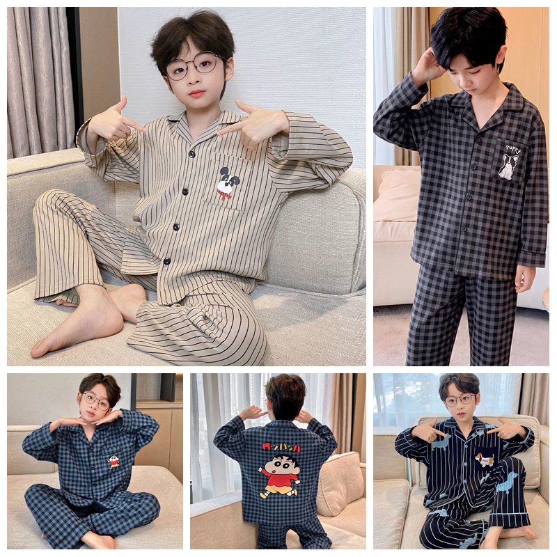 Bộ đồ ngủ hai mảnh thông thường cho bé trai tối giản Nhật Bản mặc hàng ngày Phong cách xuân thu cho bé trai lớn hơn