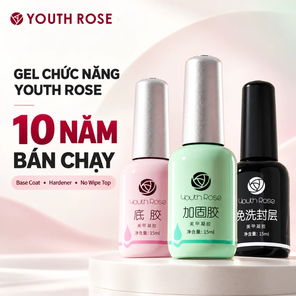 Youth Rose base top hoa hồng chính hãng 15ml - gel liên kết, top phủ bóng, cứng móng cao cấp - Nails Red