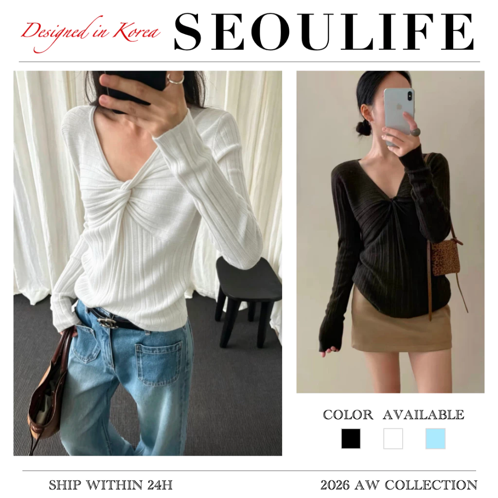 SEOULIFE | Áo len dệt kim cổ chữ V cổ chữ V phong cách thanh lịch Hàn Quốc mùa thu đông 2026, hiệu ứng giảm béo & làm sáng da đa năng, mềm mại, thoải mái & ấm áp, đen trắng xanh