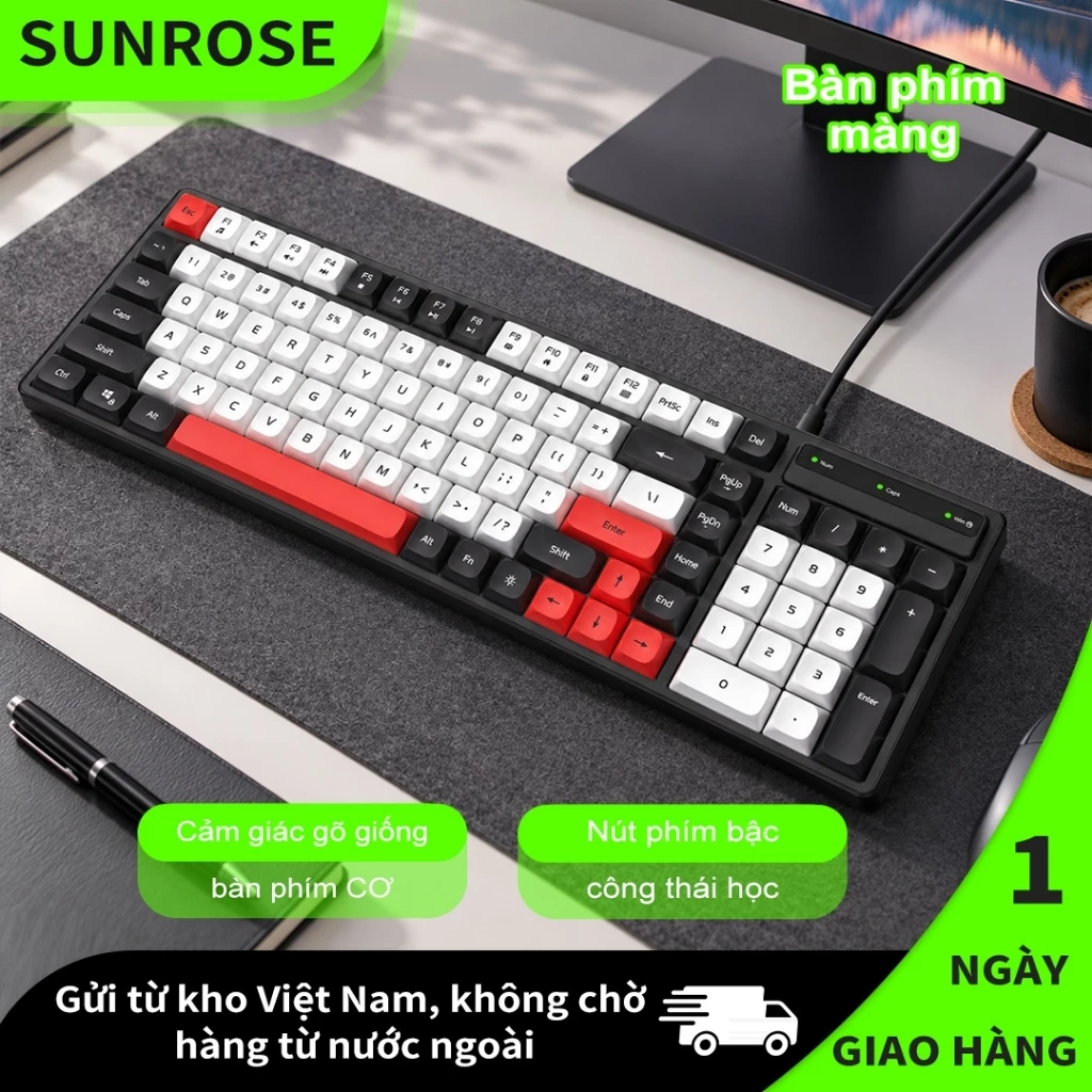 SUNROSE 9861 Bàn phím văn phòng Bàn phím có dây Máy gõ cơ Cảm giác tiện dụng Chống bụi & Chống văng Bàn phím thẩm mỹ cho PC Laptop Nghiên cứu văn phòng
