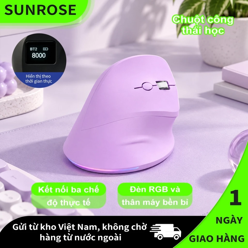 SUNROSE RF02 Chuột công thái học phòng có thể sạc lại 3 chế độ (Có dây + 2.4G + Bluetooth) , Chuột chống đau cổ tay, Đèn báo DPI & Pin Giảm đau cổ tay có thể sạc lại cho văn phòng & chơi game