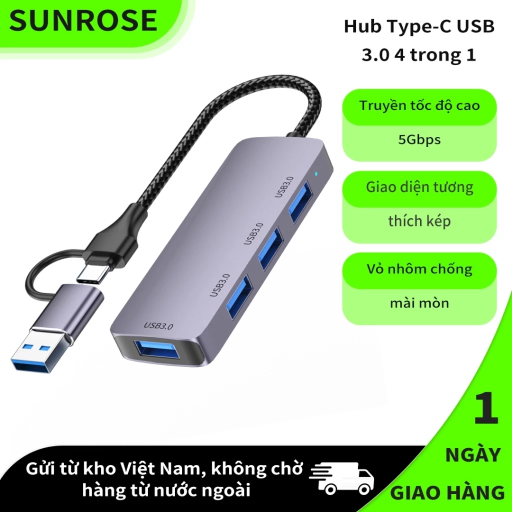 SUNROSE 4 trong 1 USB 3.0 Type-C Hub 5Gbps Truyền dữ liệu tốc độ cao Vỏ nhôm cao cấp 4 cổng USB 3.0 Plug & Play Tương thích với Windows / Mac / Linux cho máy tính xách tay MacBook PC,