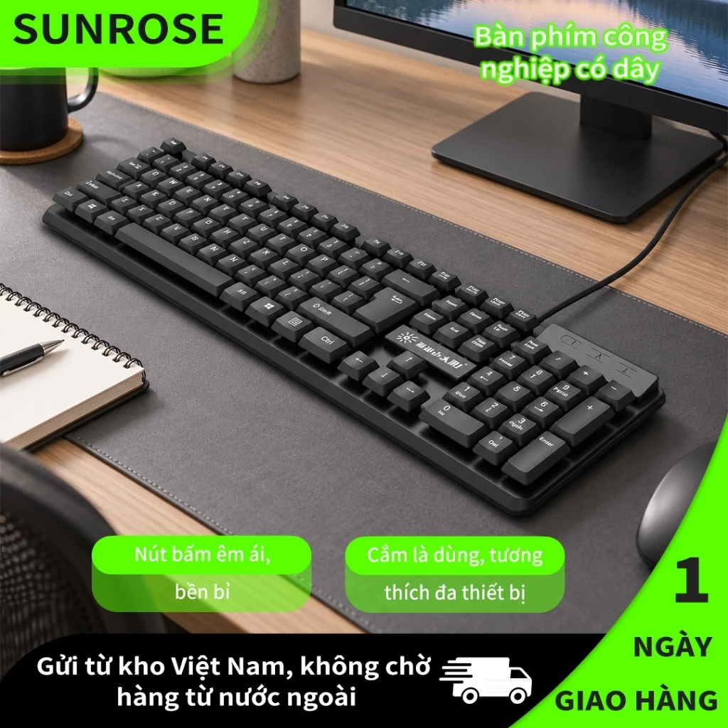 SUNROSE JSKJ-9813 Bàn doanh nghiệp có dây, 104 phím, Phím im lặng, Chất liệu ABS, Tuổi thọ 10 triệu phím, Cắm & Chạy, cho văn phòng
