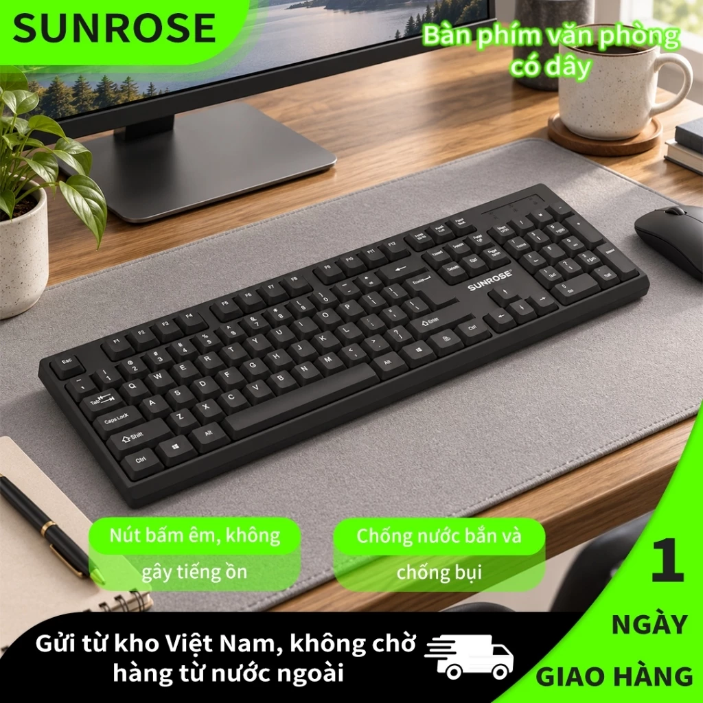SUNROSE 9814 Bàn Phím Có Dây Full Size 104 Phím, Bàn Phím Máy Tính Gõ Êm Chống Bắn Nước, Công Thái Học Cho PC Laptop Văn Phòng Gia Đình