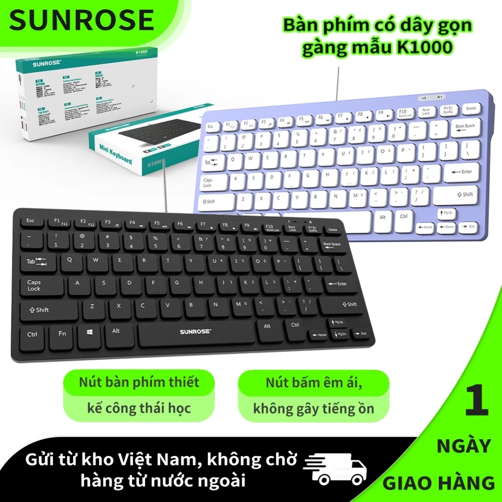 SUNROSE K1000 Bàn Phím Máy Tính Có Dây, Bàn Phím Văn Phòng Gõ Êm Chống Bắn Nước, Thiết Kế Công Thái Học, Nhiều Màu Cho PC Laptop