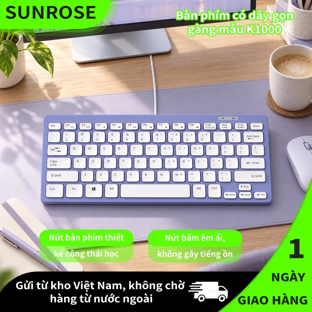 SUNROSE K1000 Bàn phím có dây nhỏ gọn, Tuổi thọ 5 triệu phím, Cảm ứng mềm, Chân chống trượt, Phím tắt đa phương tiện, cho PC / Laptop Windows