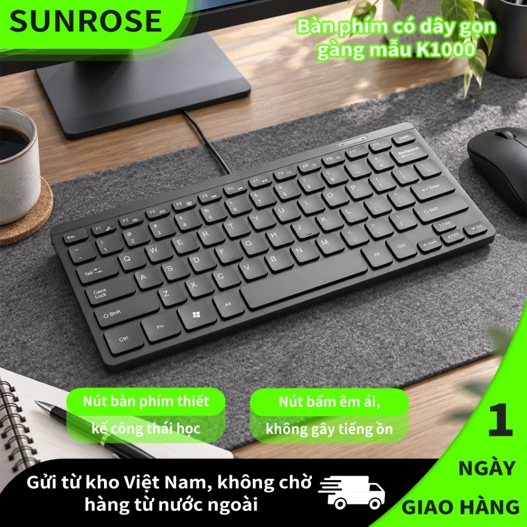 SUNROSE K1000 Bàn Phím Có Dây, Bàn Phím Máy Tính Gõ Êm, Keycap Công Thái Học, Chữ In UV Bền Màu, Chống Nước Chống Bụi, Plug & Play Cho PC Laptop Văn Phòng