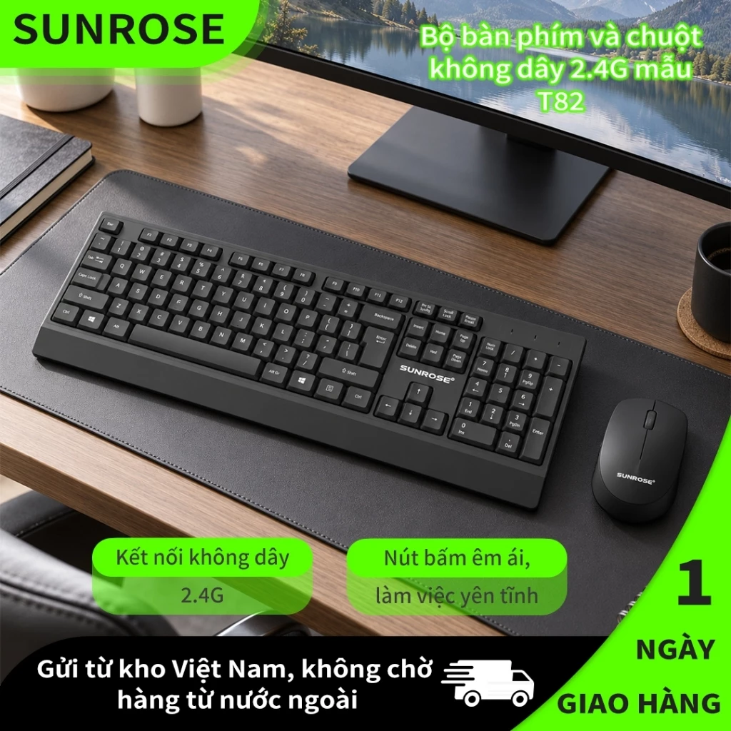 SUNROSE T82 Bộ Bàn Phím Chuột Không Dây 2.4G, Combo Văn Phòng Gõ Êm, Bàn Phím Có Kê Tay, Chuột Máy Tính, Chữ UV Bền Cho PC Laptop
