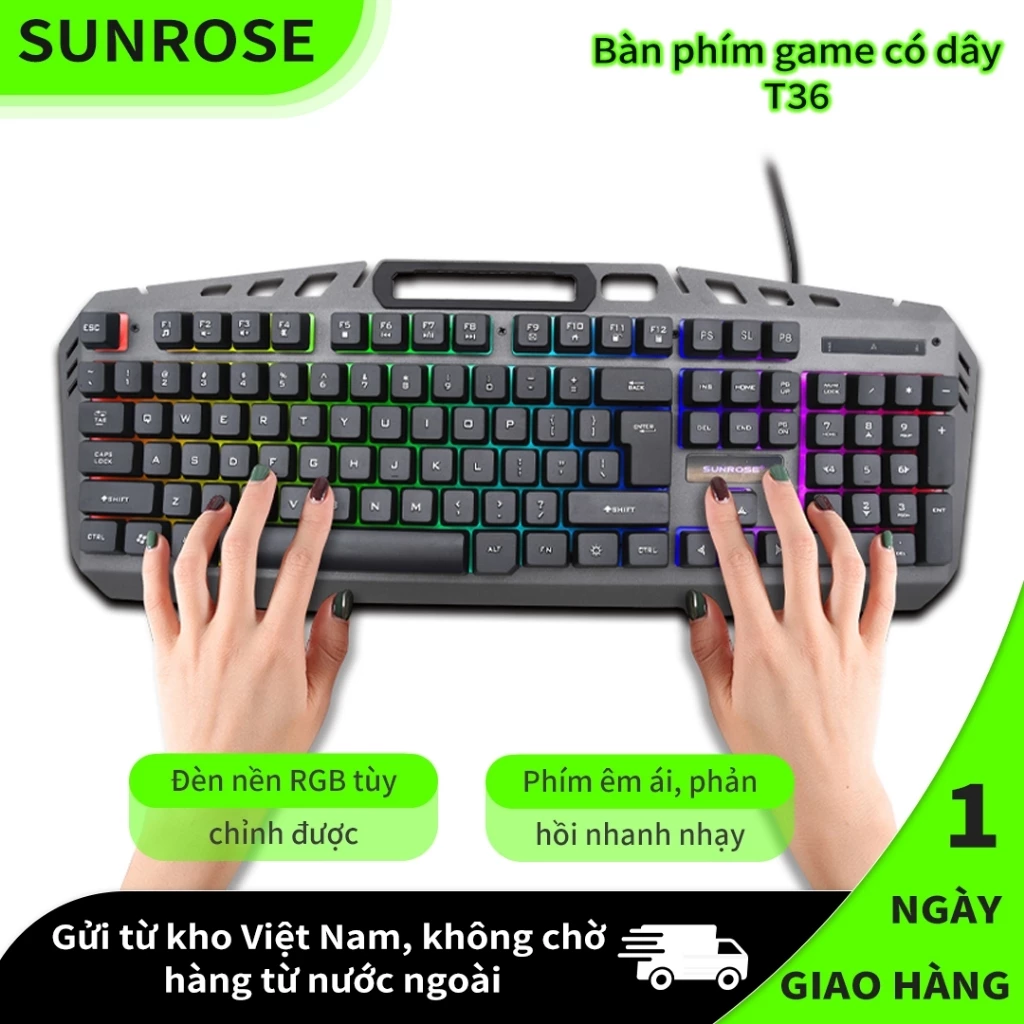 SUNROSE T36 Bàn phím chơi game có dây, Đèn nền RGB, Bảng kim loại, Giá đỡ điện thoại, Phím im lặng, Nhân vật in UV, Cuộn chữ N cho game thủ PC