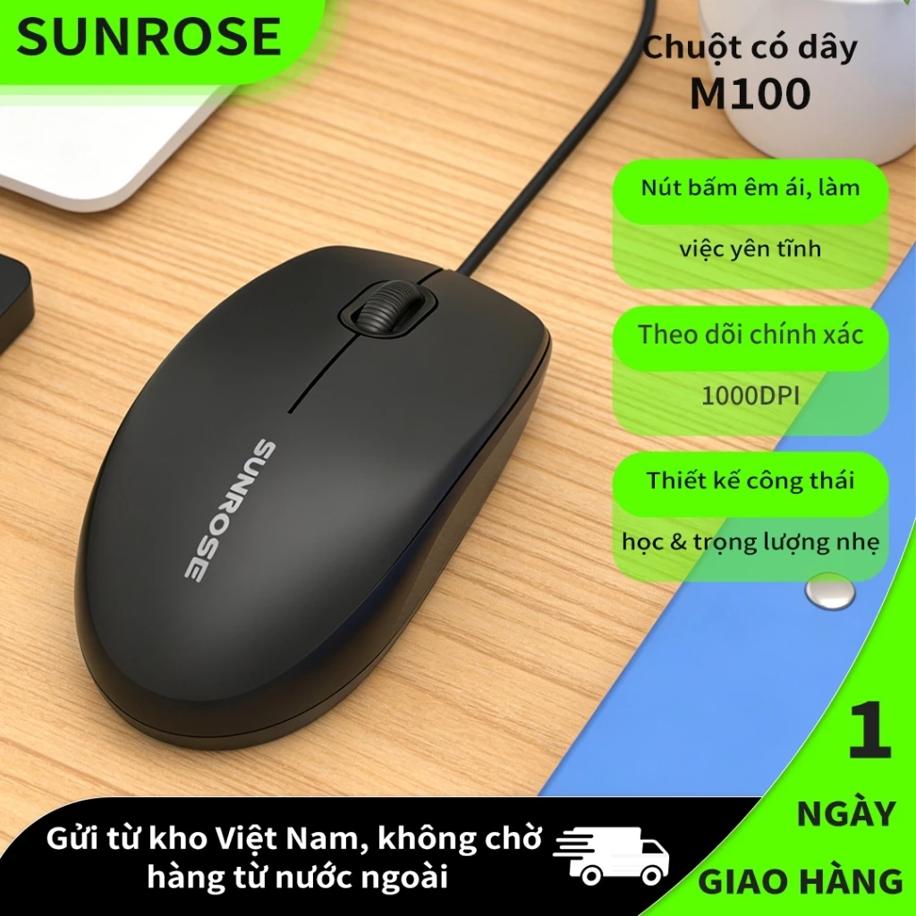 SUNROSE M100 Chuột Máy Tính Có Dây, Chuột Văn Phòng Nút Bấm Êm 1000 DPI, Công Thái Học, Bề Mặt Nhám Chống Trượt, Plug & Play Cho PC Laptop