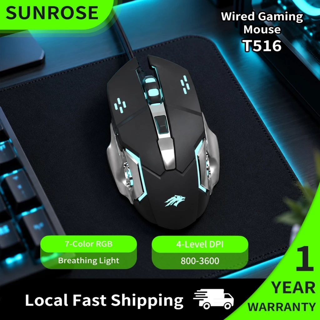 SUNROSE T516 Chuột Máy Tính Có Dây 6 Nút, Chuột Gaming Văn Phòng, Đế Kim Loại, Bền 3 Triệu Lần Click, Di Chuột Chính Xác