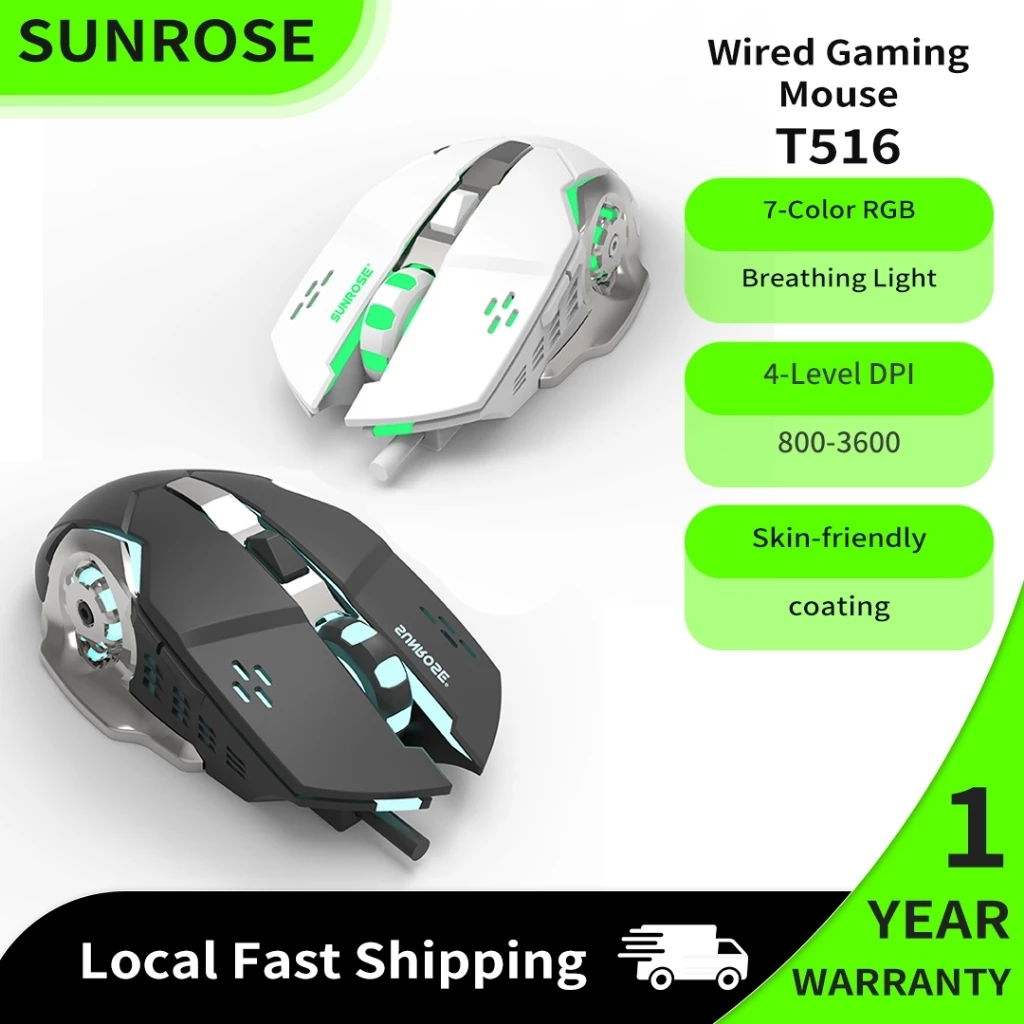 SUNROSE T516 Chuột Gaming RGB Có Dây, Chuột Máy Tính 4 Cấp DPI, Cánh Bên Mạ Điện Cao Cấp, Plug & Play Cho PC Laptop