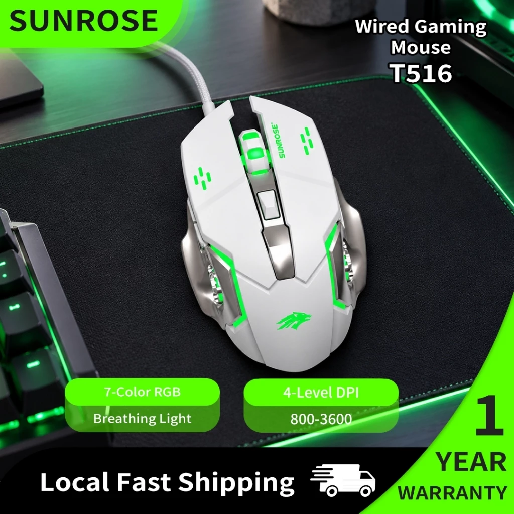 SUNROSE T516 Chuột chơi game có dây, Đèn thở RGB 7 màu, Cánh kim loại, DPI 4 cấp 800-3600, Tay cầm tiện dụng cho game thủ PC