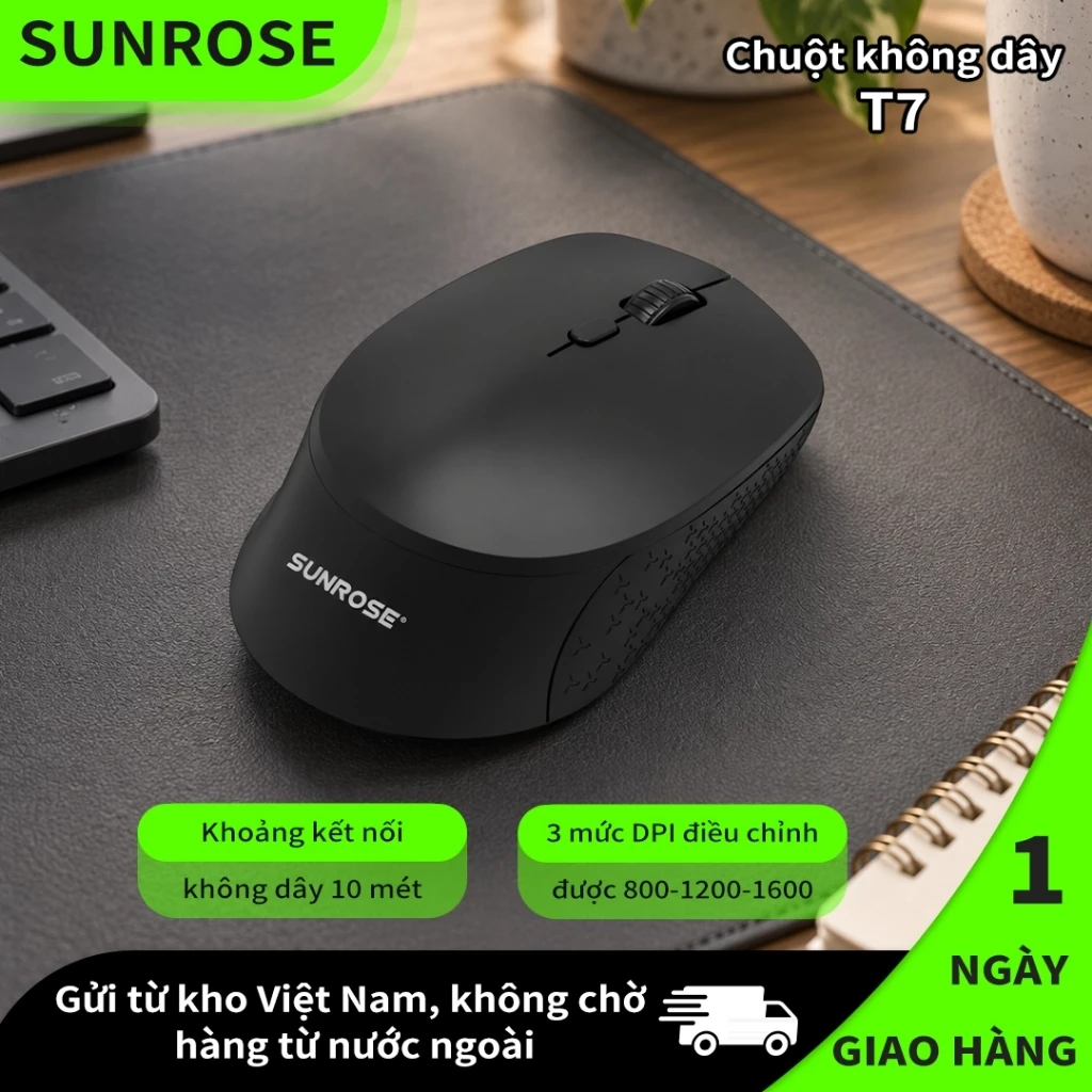 SUNROSE T7 Chuột Máy Tính Không Dây 2.4G, Chuột Văn Phòng Nút Bấm Êm, Pin 6 Tháng, Kết Nối 10m, Nhỏ Gọn Cho PC Laptop Gia Đình