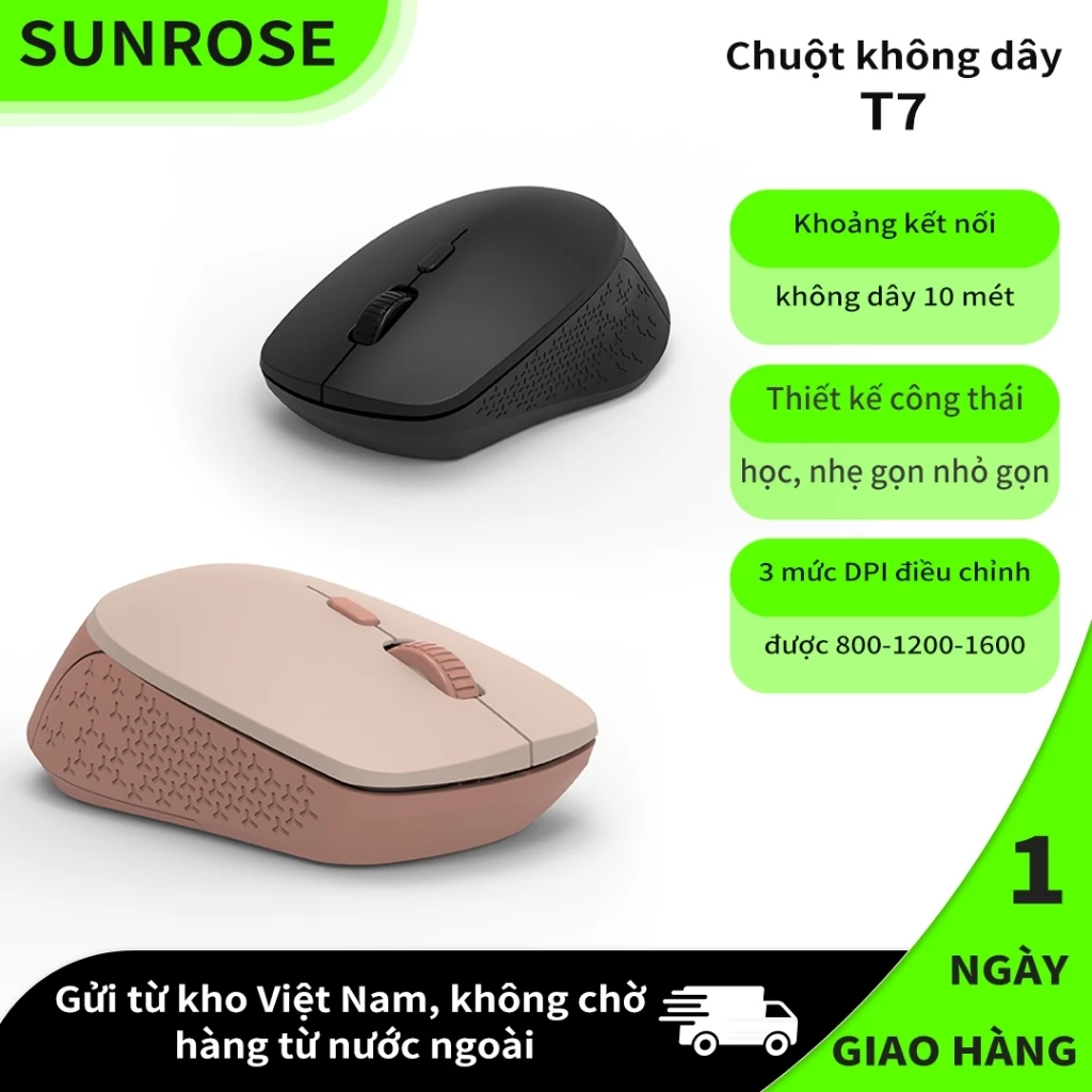 SUNROSE T7 Chuột không dây nhỏ gọn, Bộ lưu trữ đầu thu USB tích hợp, Phạm vi không dây 10m, Tay cầm thân thiện với da, Tiêu thụ điện năng thấp cho du lịch