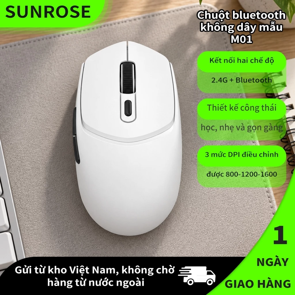 SUNROSE M01 Chuột Bluetooth tiện dụng, 3 cấp độ DPI 800-1600, Bánh xe cuộn chống trượt, Tiết kiệm năng lượng thông minh, Nút bên cho văn phòng & chơi game