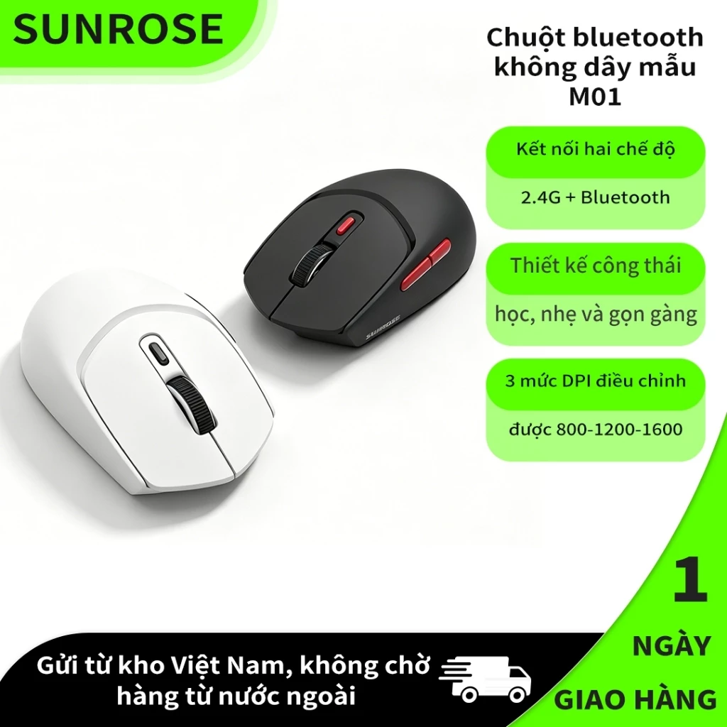 SUNROSE M01 Chuột Không Dây Bluetooth 2.4G, Chuột Máy Tính 2 Chế Độ Kết Nối, Siêu Nhẹ 50g, Đa Thiết Bị, Ngăn Cất Đầu Thu USB Cho Laptop Tablet