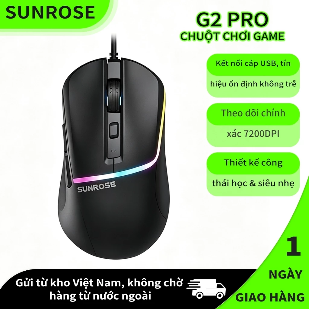 SUNROSE G2 Pro Chuột Gaming RGB Có Dây 6 Nút, Chuột Máy Tính 7200 DPI Điều Chỉnh, Công Thái Học USB Cho PC Laptop Gaming Văn Phòng