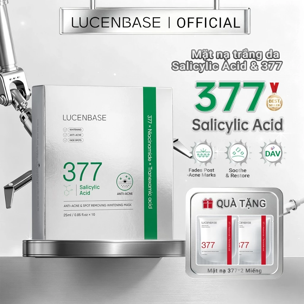 [MUA 1 TẶNG 2] Mặt nạ axit LUCENBASE 377 & Salicylic – Chống mụn, Làm trắng & Làm mờ vết thâm – 10 tờ / hộp + 2 tờ thưởng
