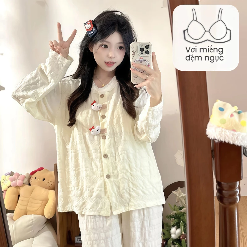 Bộ đồ ngủ mùa xuân thu 2025 cho nữ – Màu kem – Họa tiết Kitty nổi 3D – Có đệm ngực – Áo dài tay – Phong cách dễ thương, nữ tính – Mặc nhà thoải mái – Mẫu mới 2025