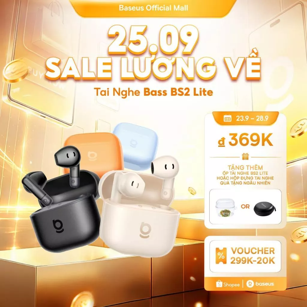 Tai Nghe Bass BS2 Lite Baseus Tăng cường âm trầm 40 giờ sử dụng khi dùng cùng hộp sạc Đàm thoại rõ nét với micro kép Al Bluetooth 6.0