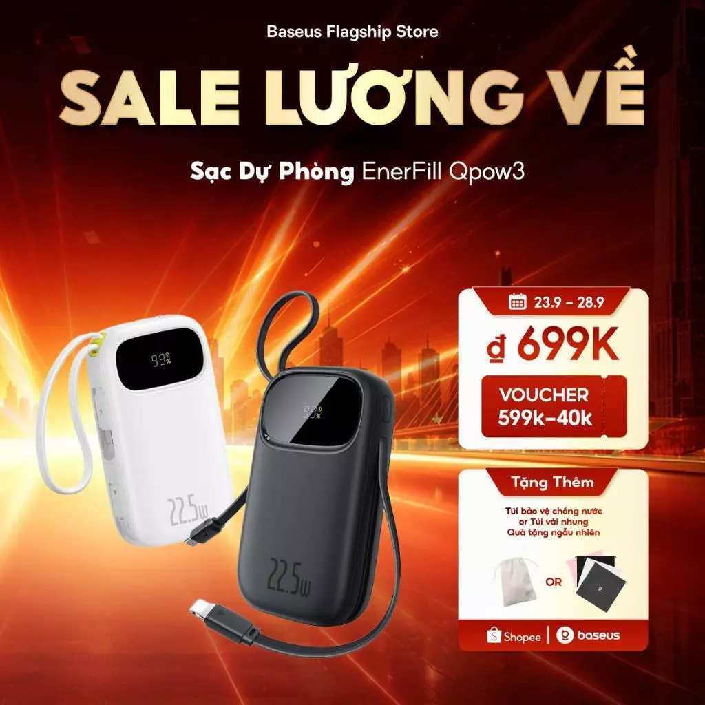 【CCC Certified】Baseus QPow3 Pin Dự Phòng Sạc Nhanh 22.5W – Màn Hình Kỹ Thuật Số, Cáp Kép, Nhỏ Gọn, CCC