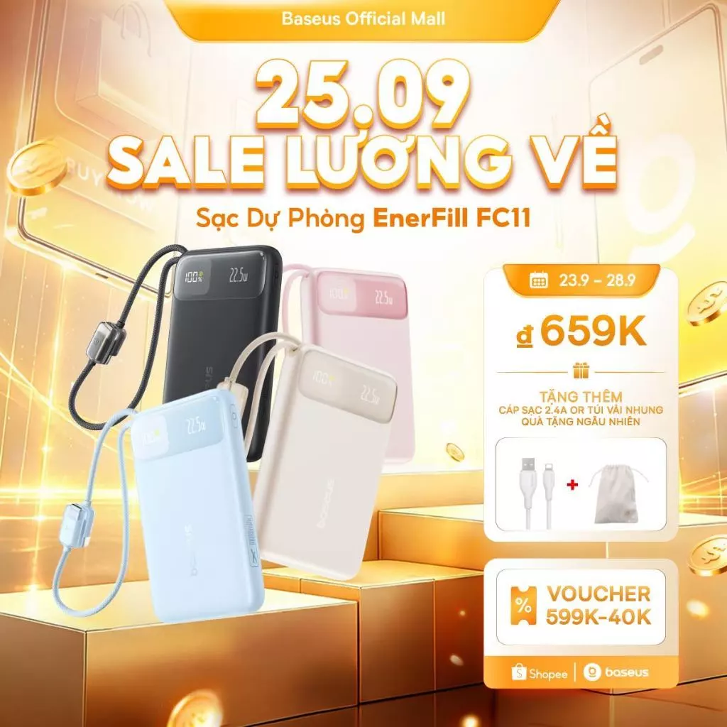 Sạc Dự Phòng EnerFill FC11 BASEUS có sạc nhanh 20W 20000mah thích hợp cho phone 15 / 14 / 13 / 12 xiaomi