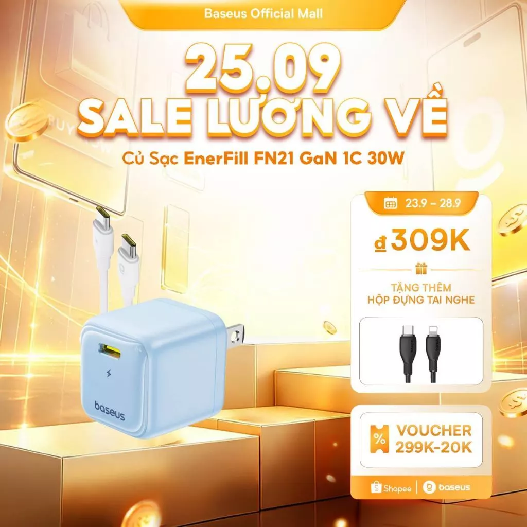 Củ Sạc EnerFill FN21 GaN 1C 30W Baseus Sạc Nhanh PD 30W Kiểm Soát Nhiệt Độ Thông Minh Kèm Dây Type-C PD 30W Dành cho i18