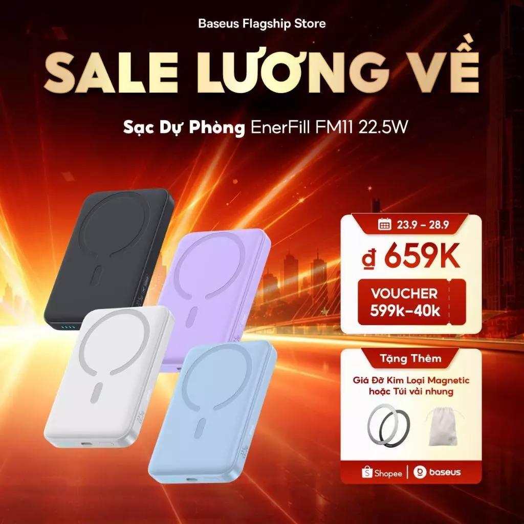 Sạc dự phòng 22.5W FM11 Baseus không dây mini 10000mah có nam châm tự động bật/ tắt thích hợp Dành cho iPhone 18