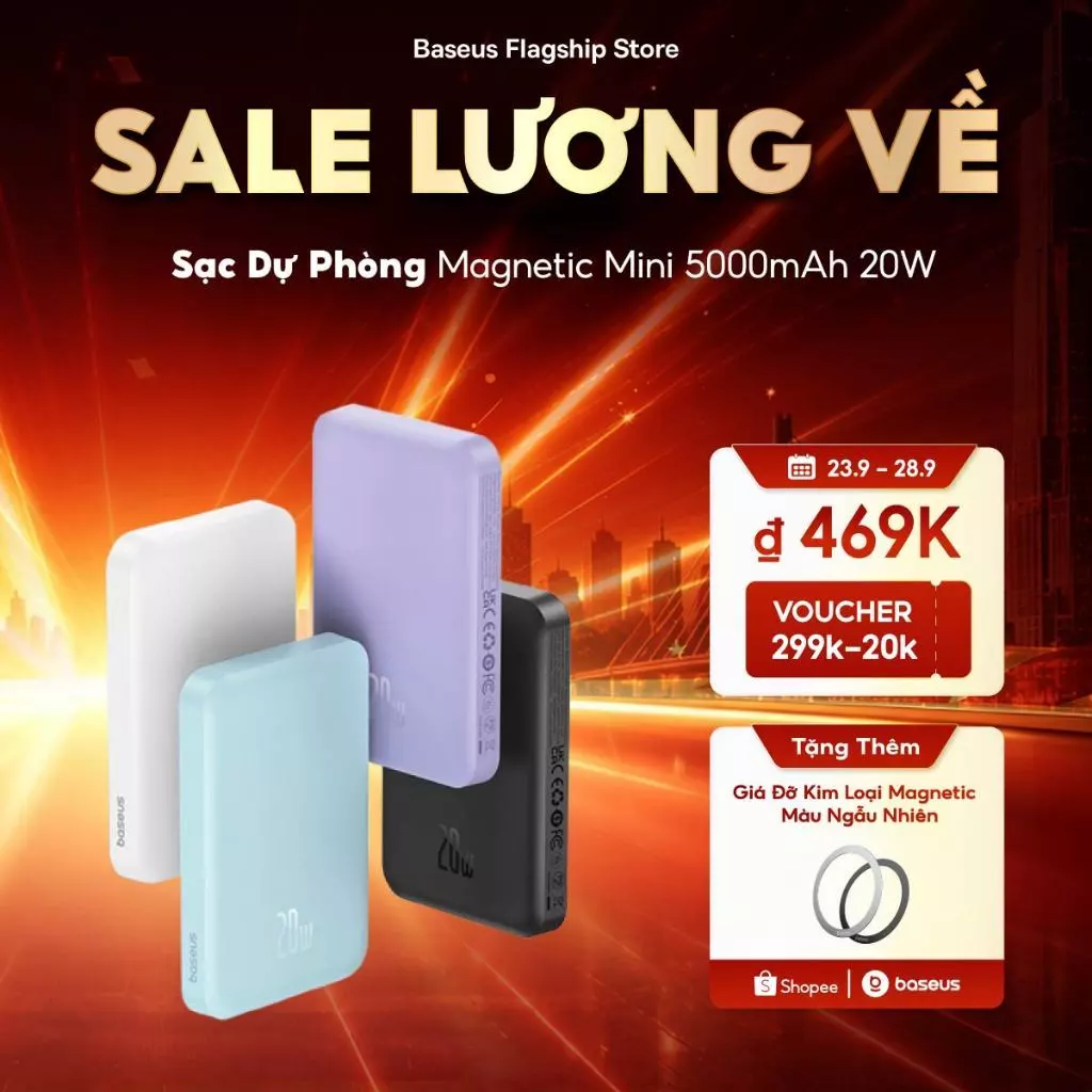 Baseus Sạc Dự Phòng 5000mah mini Không Dây Có Nam Châm Tự Động Bật Tắt