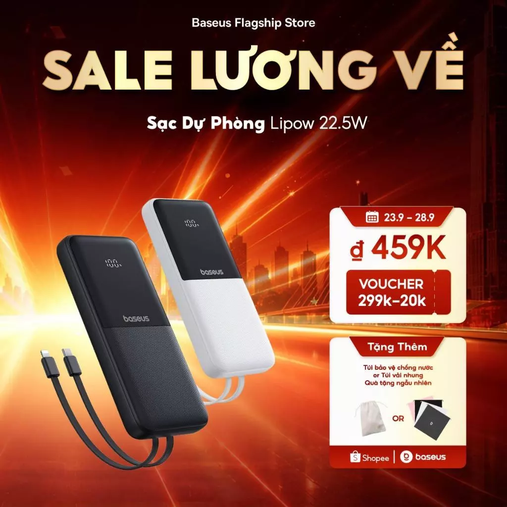 【Pin Sạc Dự Phòng Có Thể Đặt Hàng】Baseus Lipow Dual-Cable Power Bank với màn hình kỹ thuật số 10000 / 20000mAh 22,5W