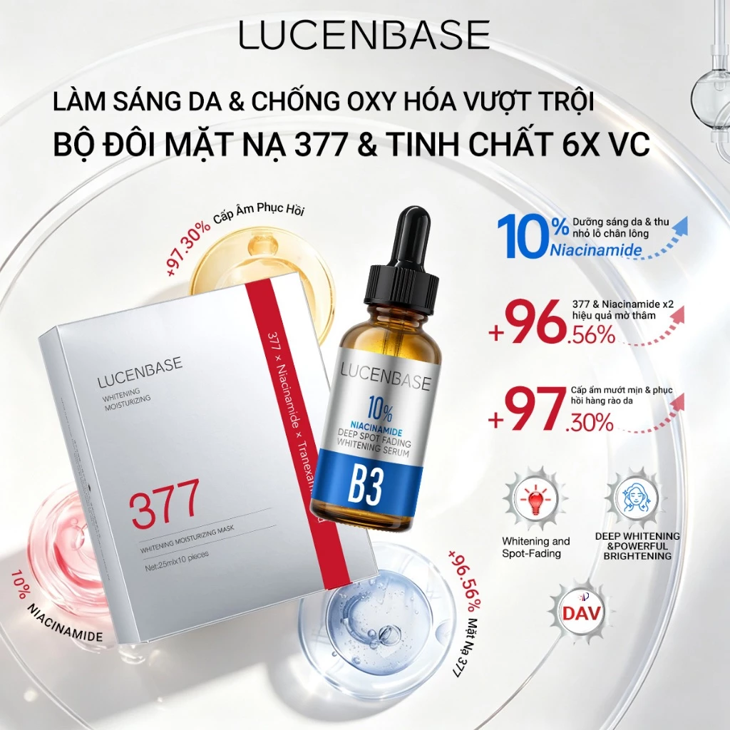Bộ Tinh chế làm trắng & lỗ chân lông Lucenbase - Mặt nạ làm sáng da 377 (25ml x 10) + Serum Niacinamide 10% (30ml) | Điểm đen mờ & thậm chí tông màu da