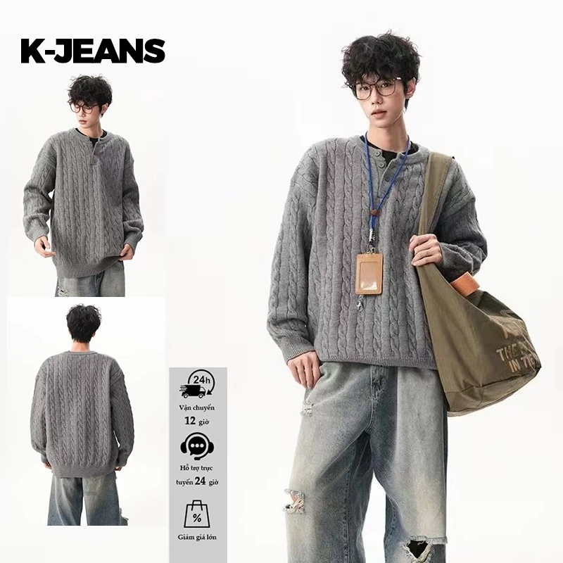 Áo len nam tay dài, sweater nam dệt xoắn cổ tròn, nút trang trí, form rộng thoải mái, chất len mềm, áo thời trang nam mùa thu đông