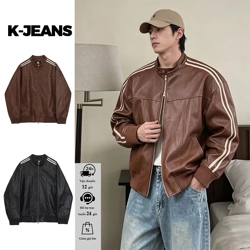 Áo khoác da PU màu nâu cổ điển kiểu Mỹ, phù hợp cả nam lẫn nữ, thời trang đường phố với cổ đứng và thiết kế rộng rãi