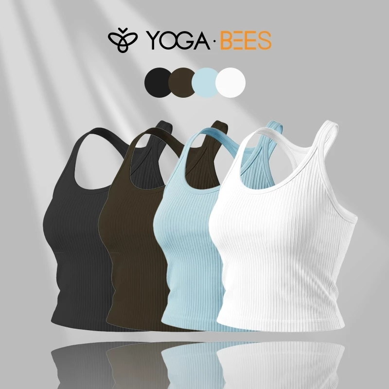YOGA BEES Gân Cổ Chữ U Tank Top Nữ Tích Hợp Áo Ngực Đệm Áo Vest Không Tay Co Giãn Tập Yoga Tập Luyện Camisole 4 Màu