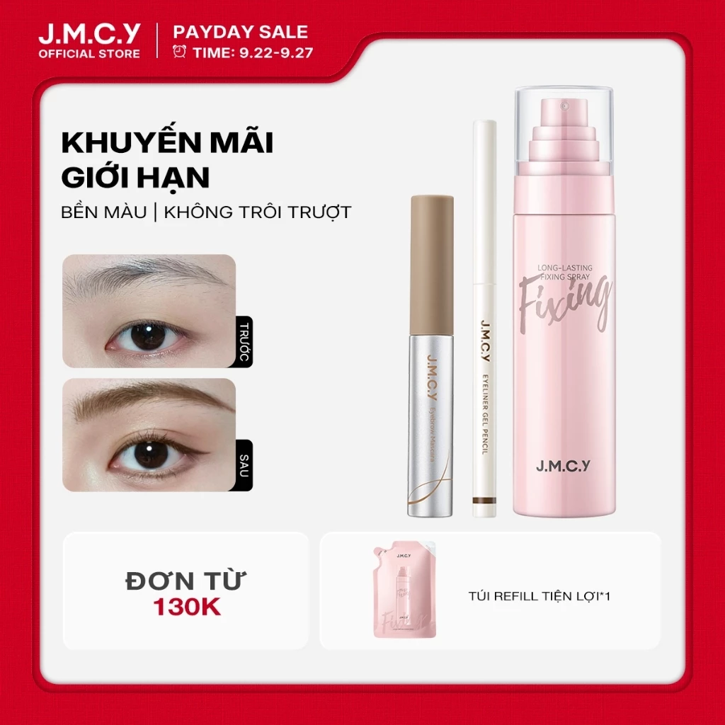 JMCY Bộ 3 Khoá Trang & Đôi Mắt | Xịt Khoá Trang Lâu Trôi, Bút Kẻ Mắt Mượt Mà, Mascara Mày Định Hình | Bền Màu Cả Ngày