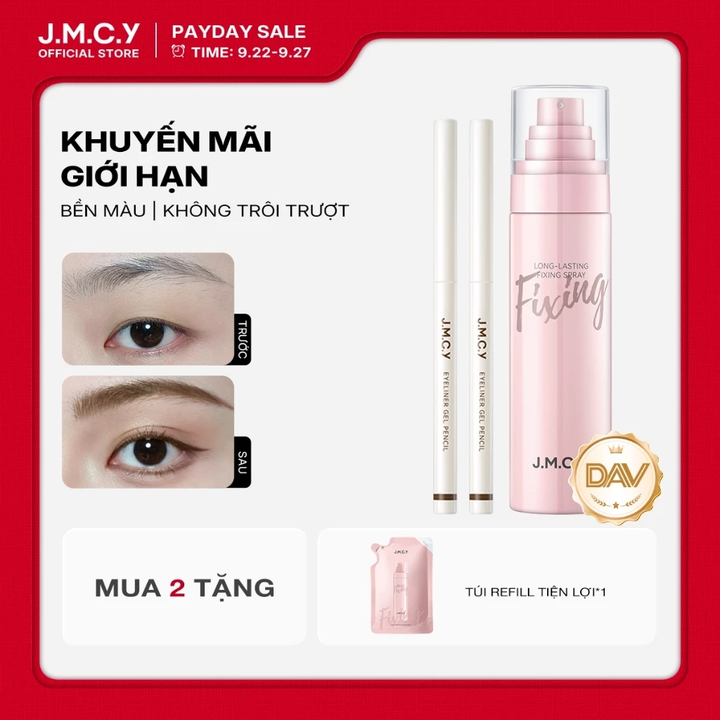 JMCY Combo Bút kẻ mắt + Xịt khóa nền chống nước chống mồ hôi không lem giữ trang điểm bền lâu cho người mới tập makeup