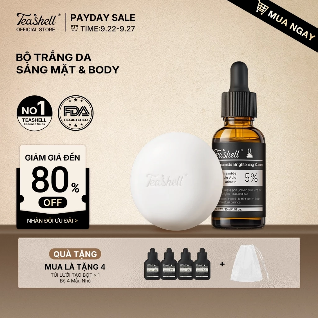【MUA LÀ TẶNG 4 SẢN PHẨM】BỘ KIT Teashell Serum 5% Niacinamide Arbutin 30ml + Xà Phòng Làm Trắng Toàn Serum Trẻ Hóa Da Giảm Vết Thâm Mụn Đốm Nám Cải Thiện Lỗ Chân Lông Mờ Vết Đỏ Dưỡng Trắng Da Toàn