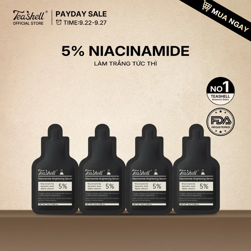 Teashell Tinh Chất Dưỡng Trắng Niacinamide (Bộ 4 Mẫu Nhỏ)｜Cải Thiện Hàng Rào Da｜Da Mịn Màng｜Sáng Hồng Tự Nhiên｜Niacinamide 5% Tái Tạo Da