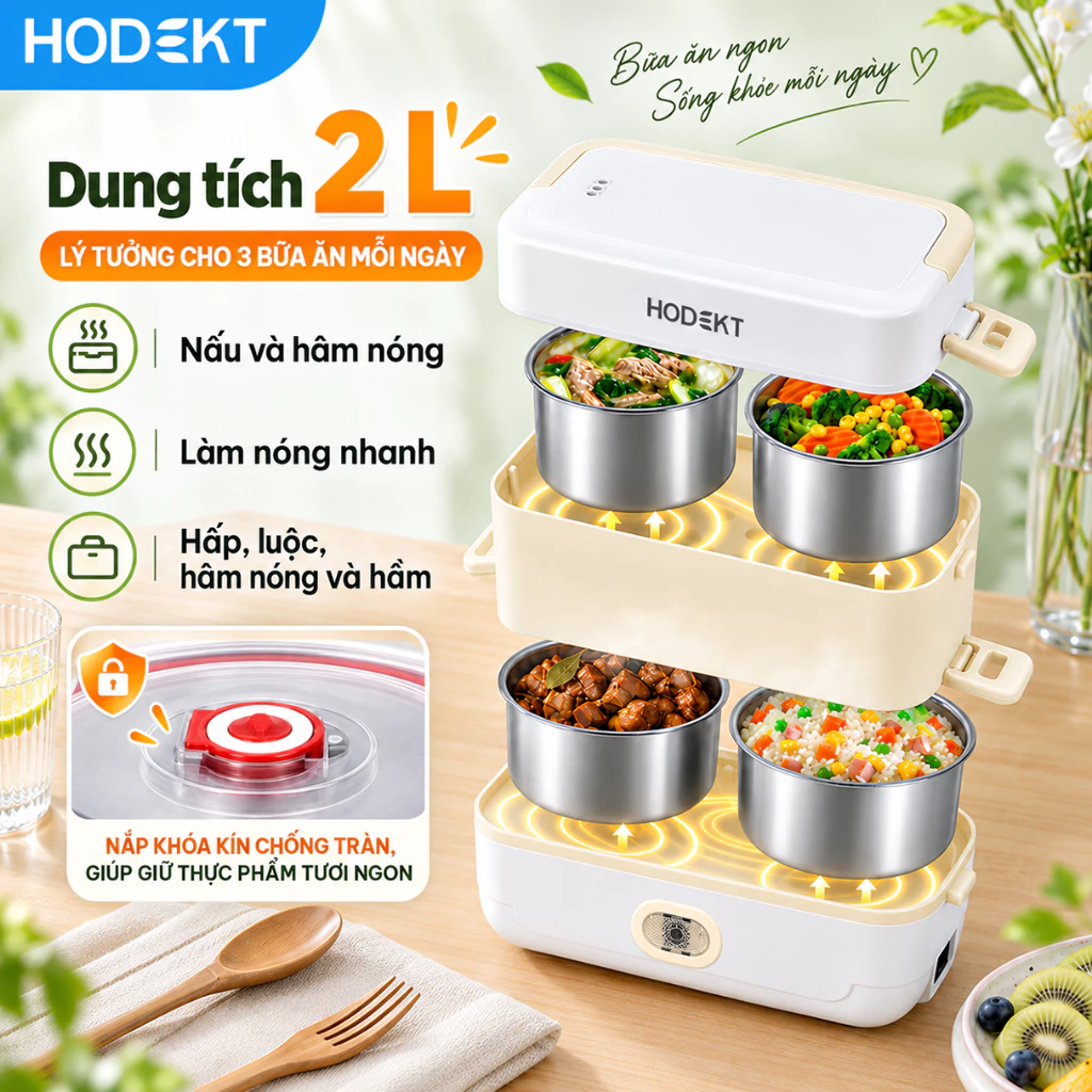 Hộp Cơm Điện Đa Năng HODEKT 2L, 4 Khay Inox 304, Gia Nhiệt 360°, Nắp Khóa Kín Chống Tràn, Công Suất 300W, Tặng Cốc Đong