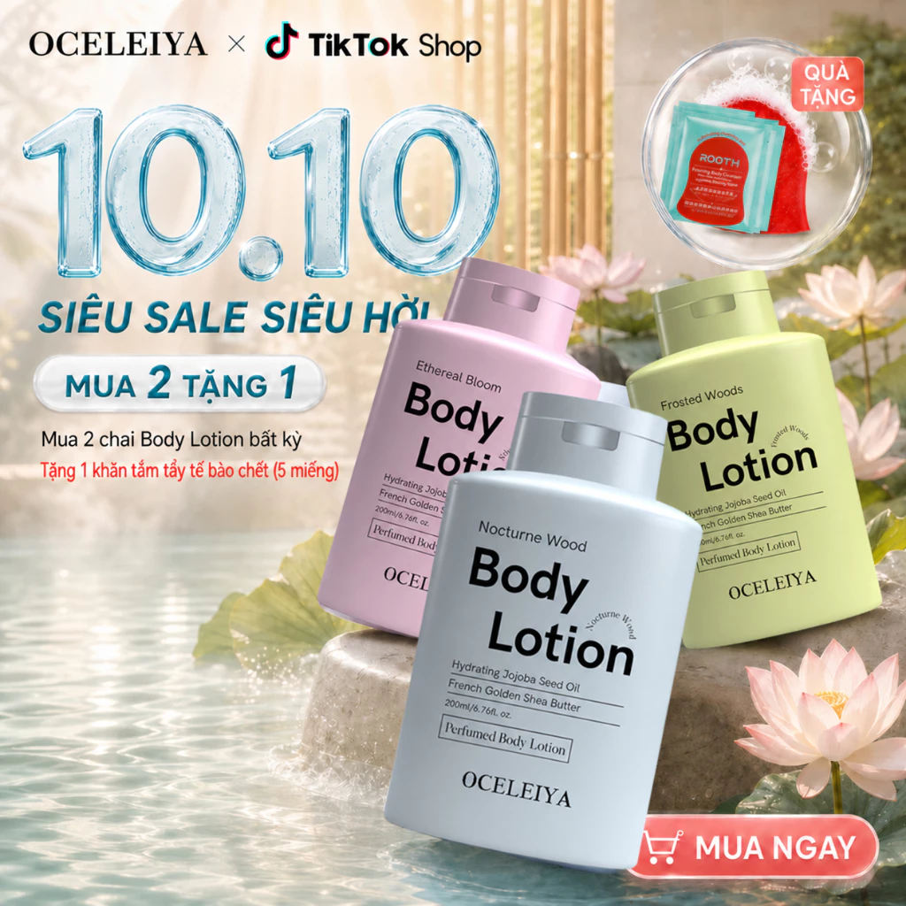 Sữa Dưỡng Thể OCELEIYA Phiên Bản Nâng Cấp 200ml Premium Body Lotion Kem Body Dưỡng Trắng Sáng Da Dưỡng Ẩm 24H Phục Hồi Da Khô Mềm Mịn Lưu Hương 6-8H Kết Cấu Nhẹ Thấm Nhanh Không Bết Rít Cho Nam Nữ Mua 2 Tặng 1 Khăn Tắm Tẩy Tế Bào Chết