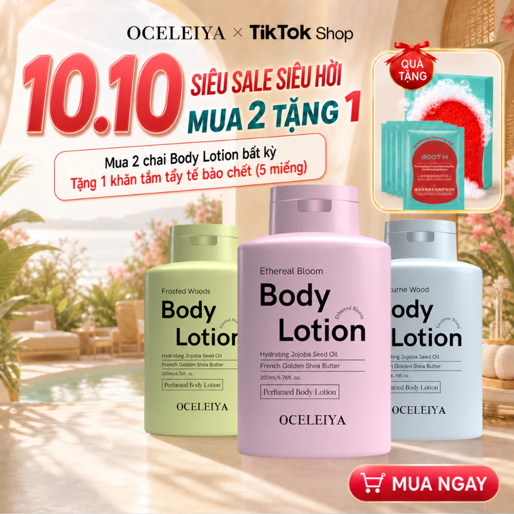 [Mua Đủ 2 Chai Tặng Khăn Tắm] Sữa Dưỡng Thể Lưu Hương 6-8H OCELEIYA Perfumed Body Lotion 200ml Dưỡng Trắng Sáng Da Dưỡng Ẩm Sâu 24H Phục Hồi Da Khô Mềm Mịn Kết Cấu Nhẹ Thấm Nhanh Không Bết Rít Cho Nam Nữ Mua 2 Tặng 1 Khăn Tắm Tẩy Tế Bào Chết