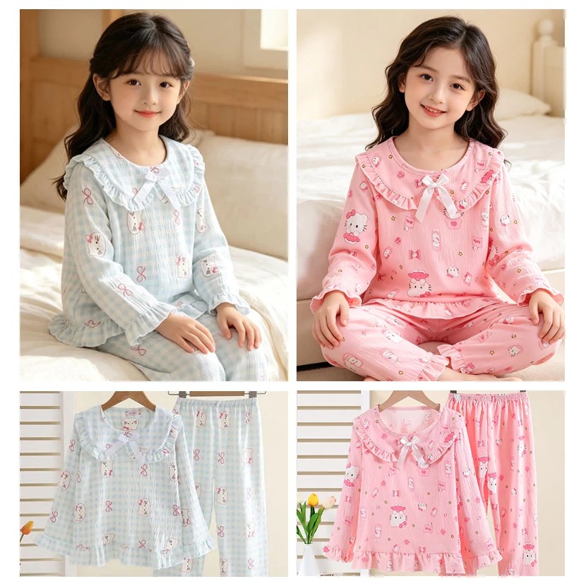 Bé Gái Xanh KT Bộ Đồ Ngủ Phong Cách Hàn Quốc Tay Dài In Hình Hoạt Hình Cổ Búp Bê Đồ Ngủ Thoáng Khí Bé Gái Váy Ngủ
