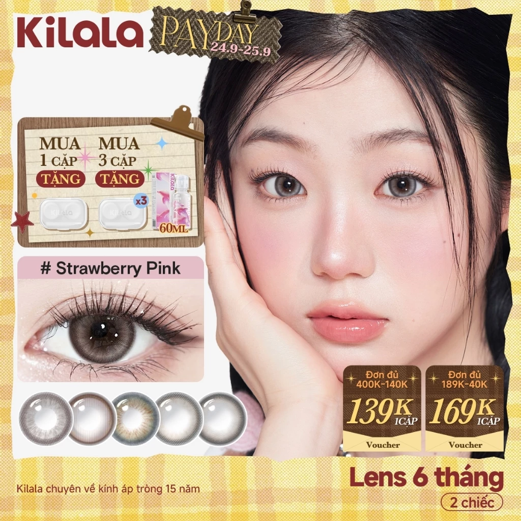 Kính áp tròng Kilala màu đen Strawberry Pink/Wind Yay Brown/ Wild Fruit Brown lens cận 6 tháng DIA 14.2mm có độ (0-7) 1 cặp.